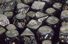 Dice - Lustrous: 16mm D6 Black with Gold (Set of 12) by Chessex Manufacturing